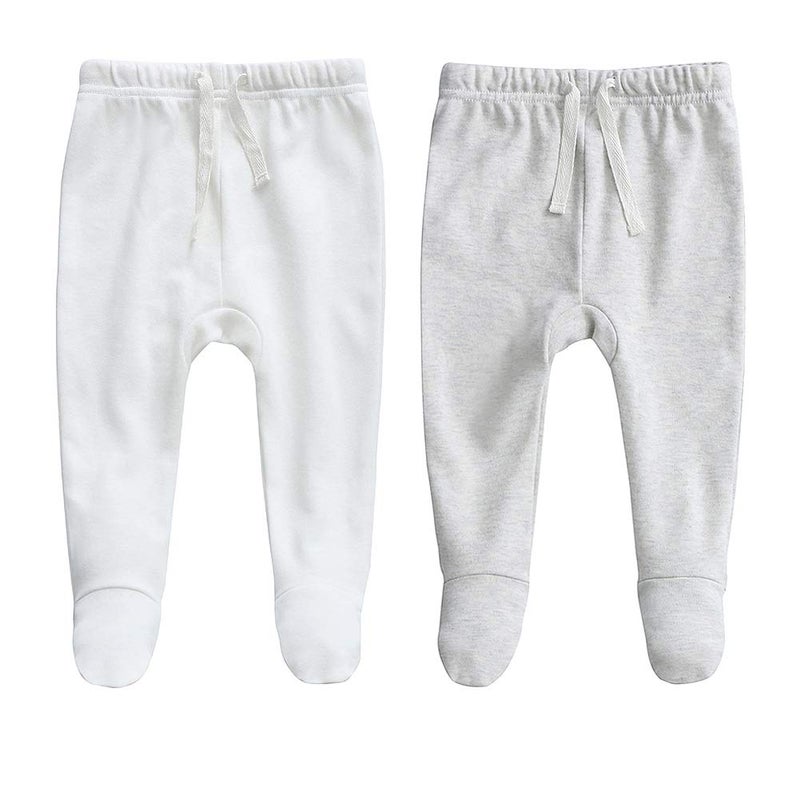 Owlivia 100% Organic Cotton Baby Boy Girl 2-Pack Footed Pants Wiggle Pants Jogging Pants(White & Grey Melange, Newborn) - Image 1